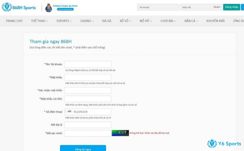 Giao diện đăng ký tài khoản 868H