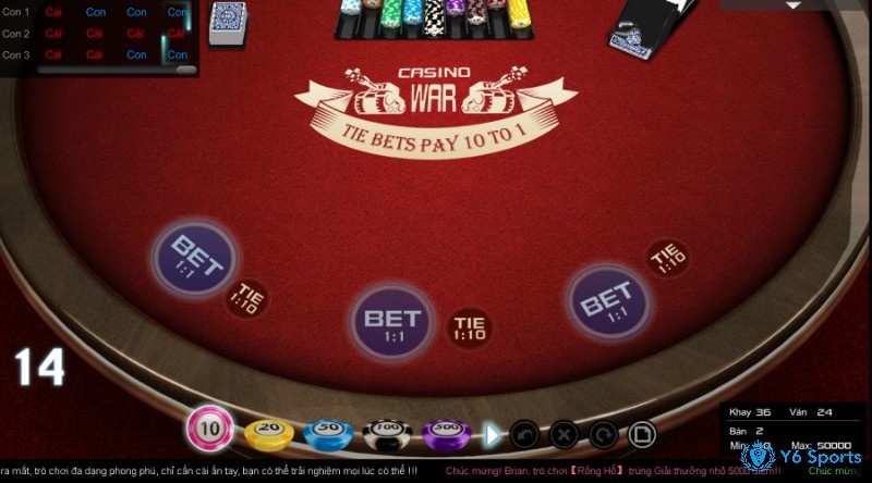 Game casino war online sử dụng 6 bộ bài mỗi bộ 52 quân bài để chơi