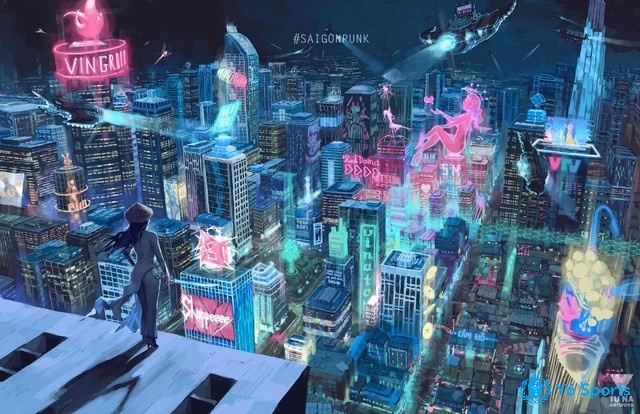 Khung cảnh tương lai rực rỡ và nhân vật chính tùy chỉnh trong Cyberpunk 2078.
